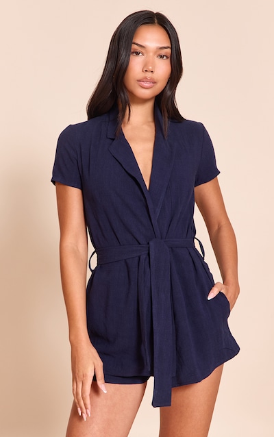 Navy Linen Look Wrap Skort Romper