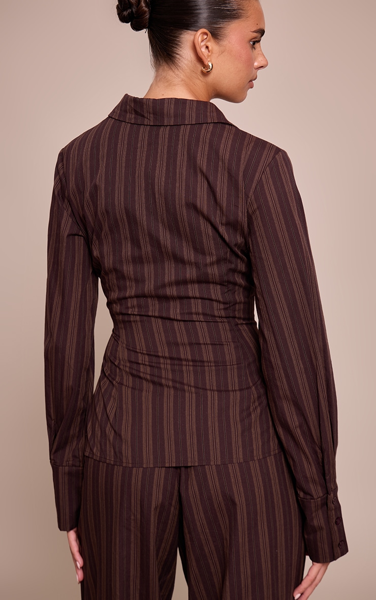 Dark Brown Woven Pinstriped Asymmetrical Shirt image 2