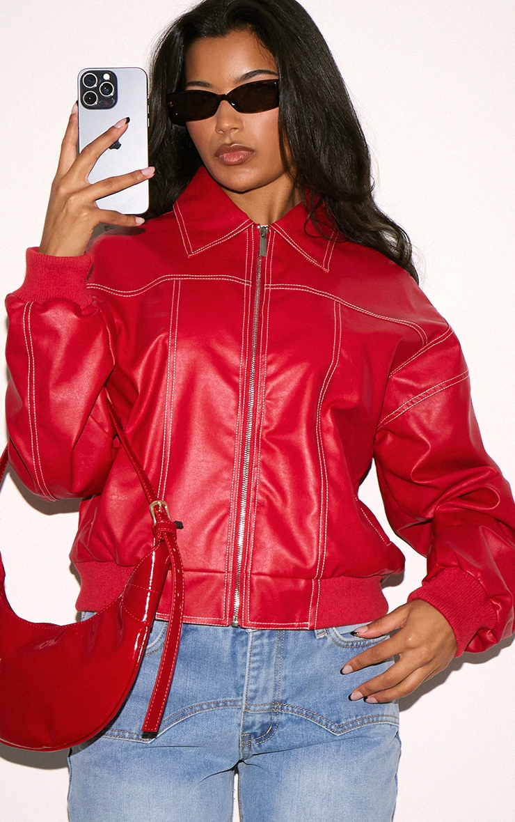 Red Faux Leather Stitch Detailing Biker Jacket image 3