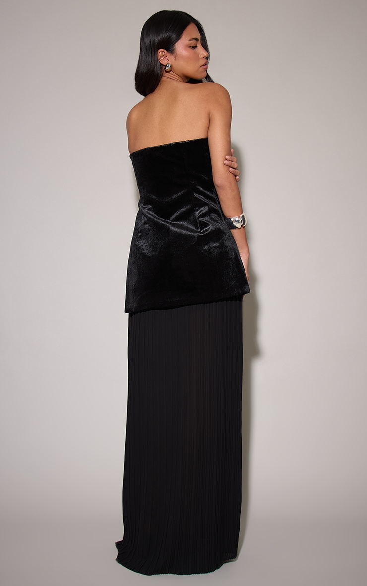 Black Velvet Bandeau Pleated Chiffon Skirt Panel Maxi Dress image 2