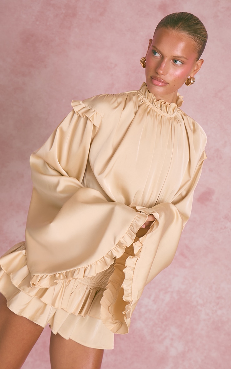 Gold Smocked High Neck Frill Long Sleeve Mini Dress image 4