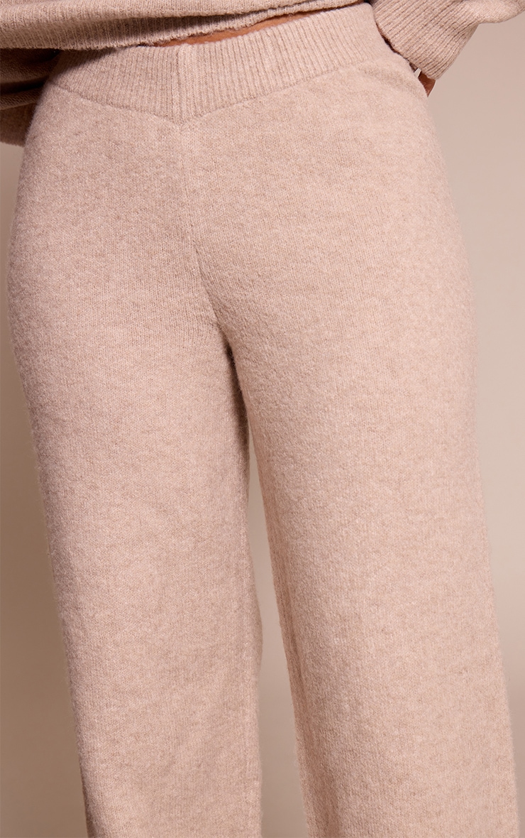 Petite Oatmeal Ribbed Waist Knitted Wide Leg Pants image 4