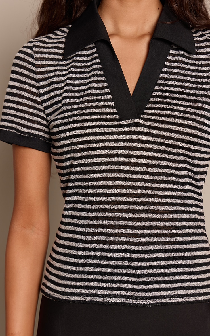 Black Textured Stripe Rugby Style Top image 4