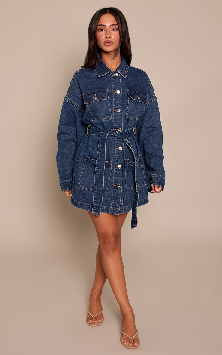 Petite Mid Blue Utility Pocket Tie Waist Denim Dress image 3