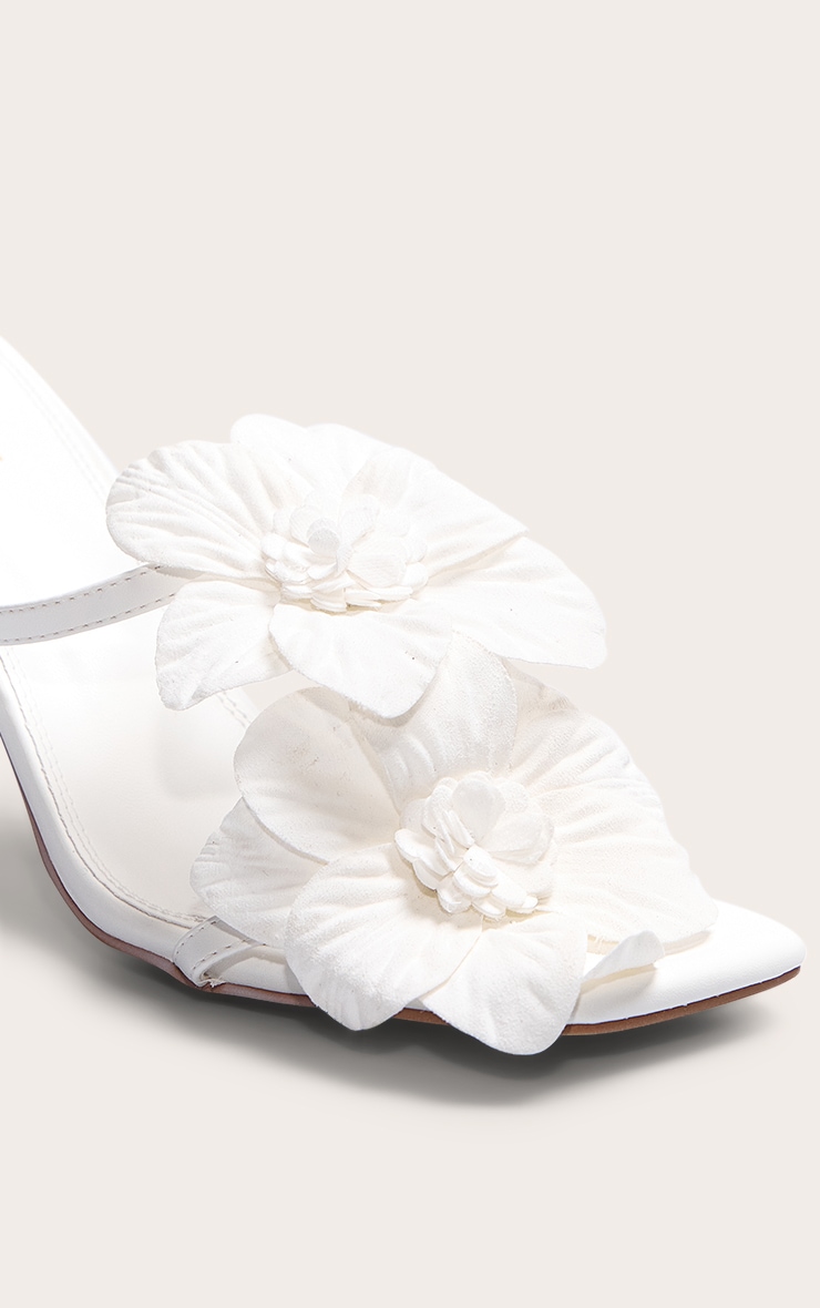 White Pu Square Toe Multi Flower Detail Mid Stiletto Heeled Mules image 4