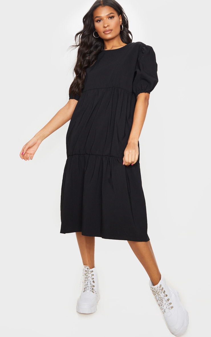 Black Puff Sleeve Tiered Midi Smock Dress