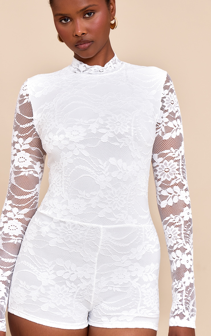 White Lace Lined Long Sleeve Boat Neck Romper image 4