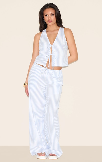 Blue Striped Tie Waist Straight Leg Pants