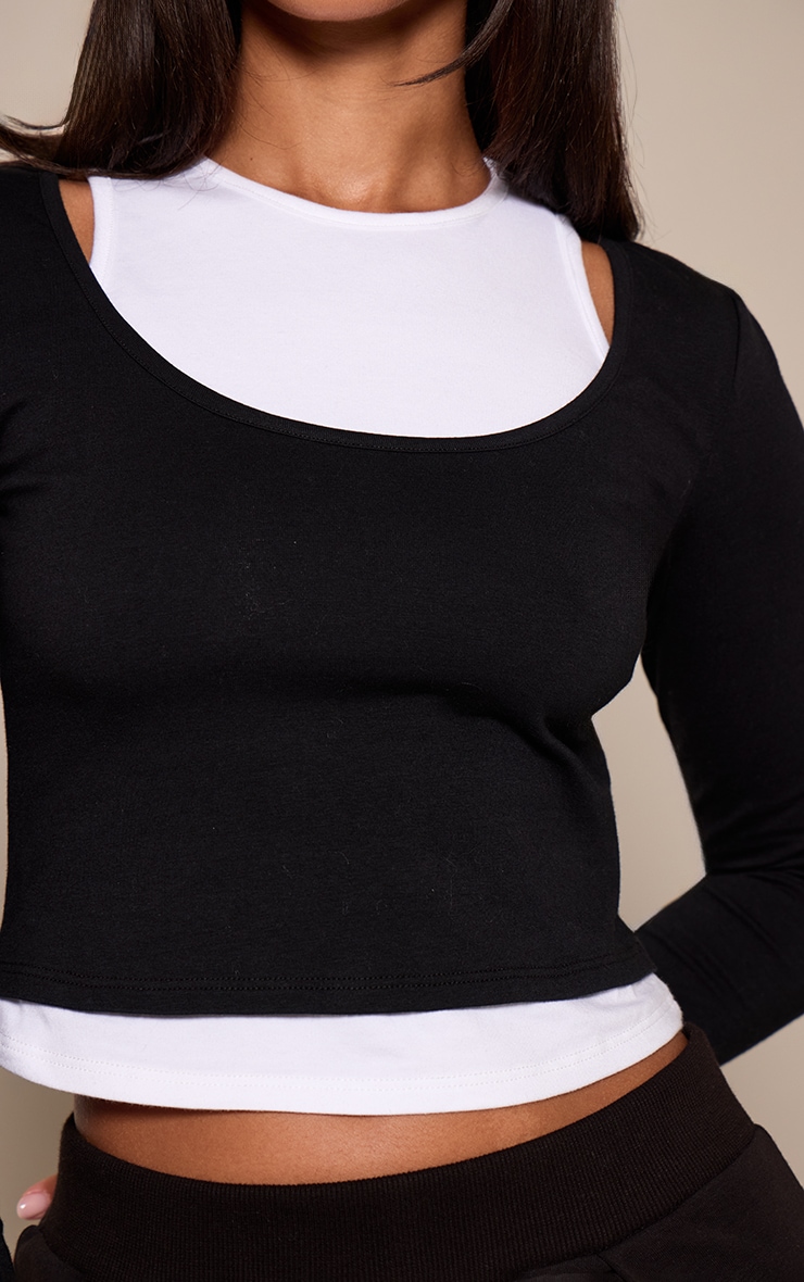 Petite Black Contrast Detail Double Layer Long Sleeve Top image 4