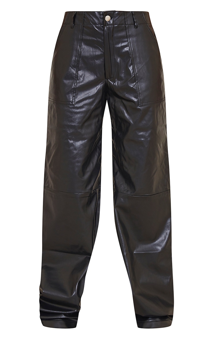 Black Faux Leather Stitch Detail Wide Leg Trousers image 5