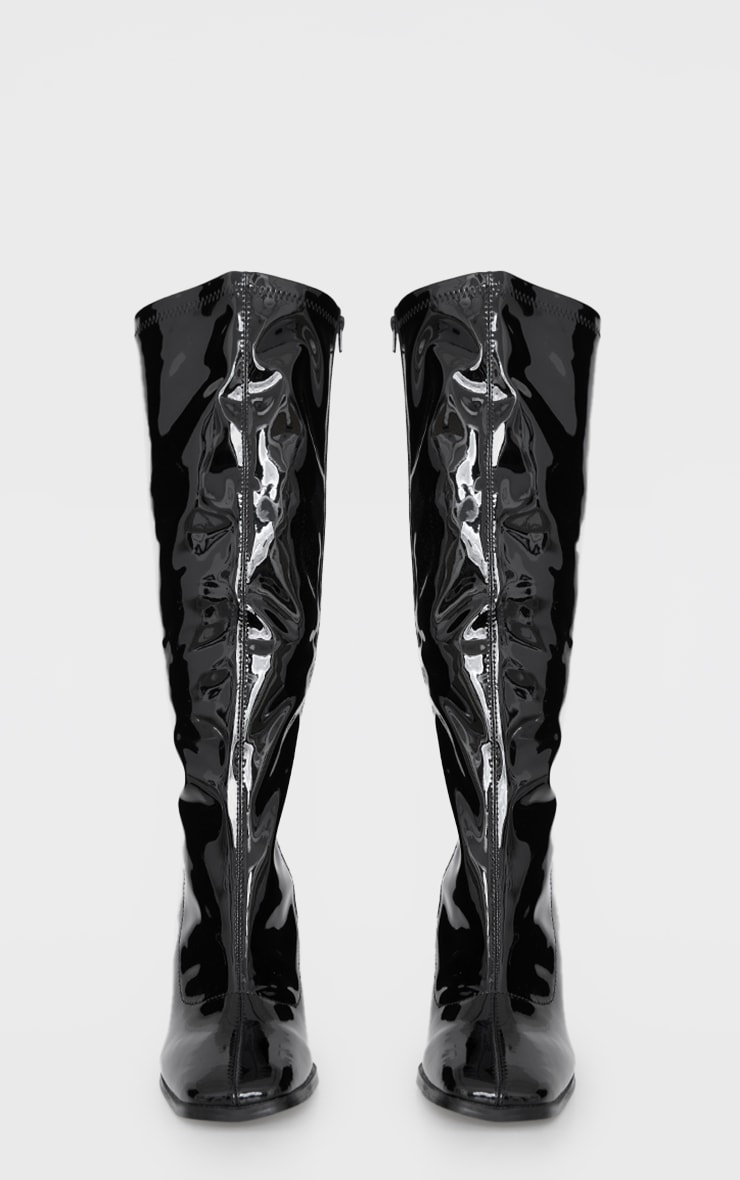 Black Vinyl Square Toe High Block Heeled Knee Boots image 2