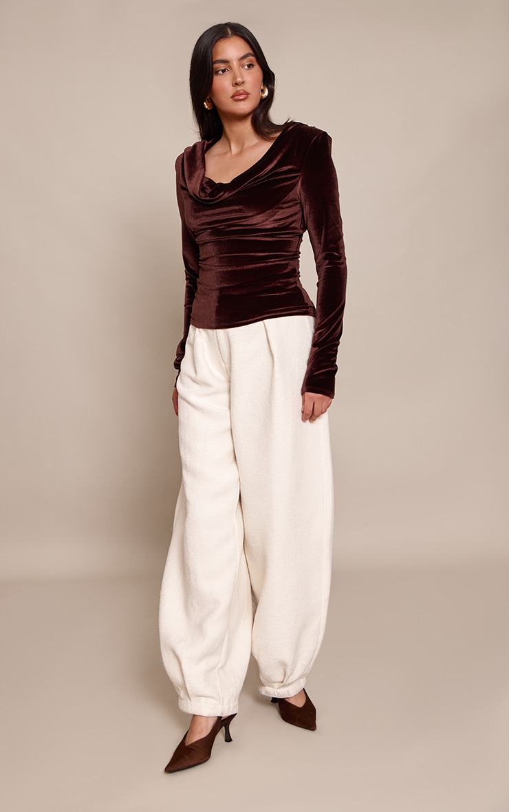 Brown Velvet Cowl Neck Long Sleeve Top image 3