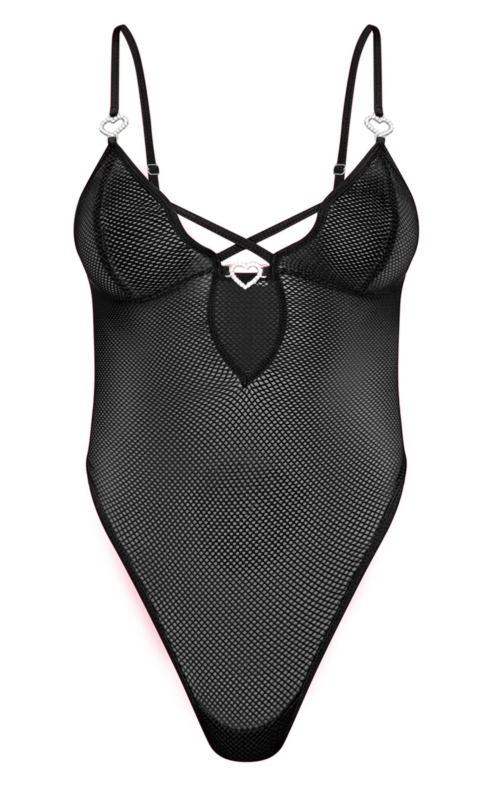 Body de lingerie en résille noire à empiècement coeurs strassés image 5