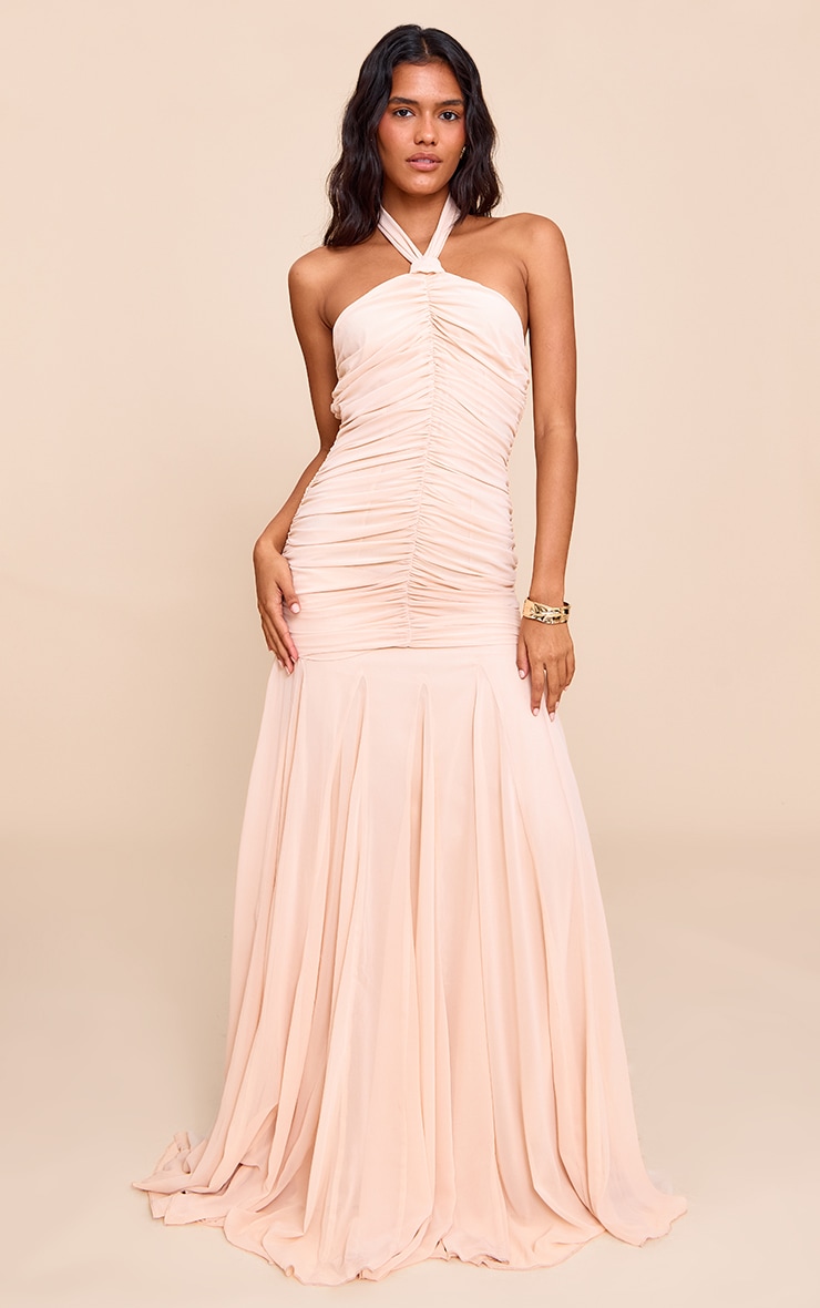 Cream Chiffon Halterneck Ruched Dropped Waist Maxi Dress image 1