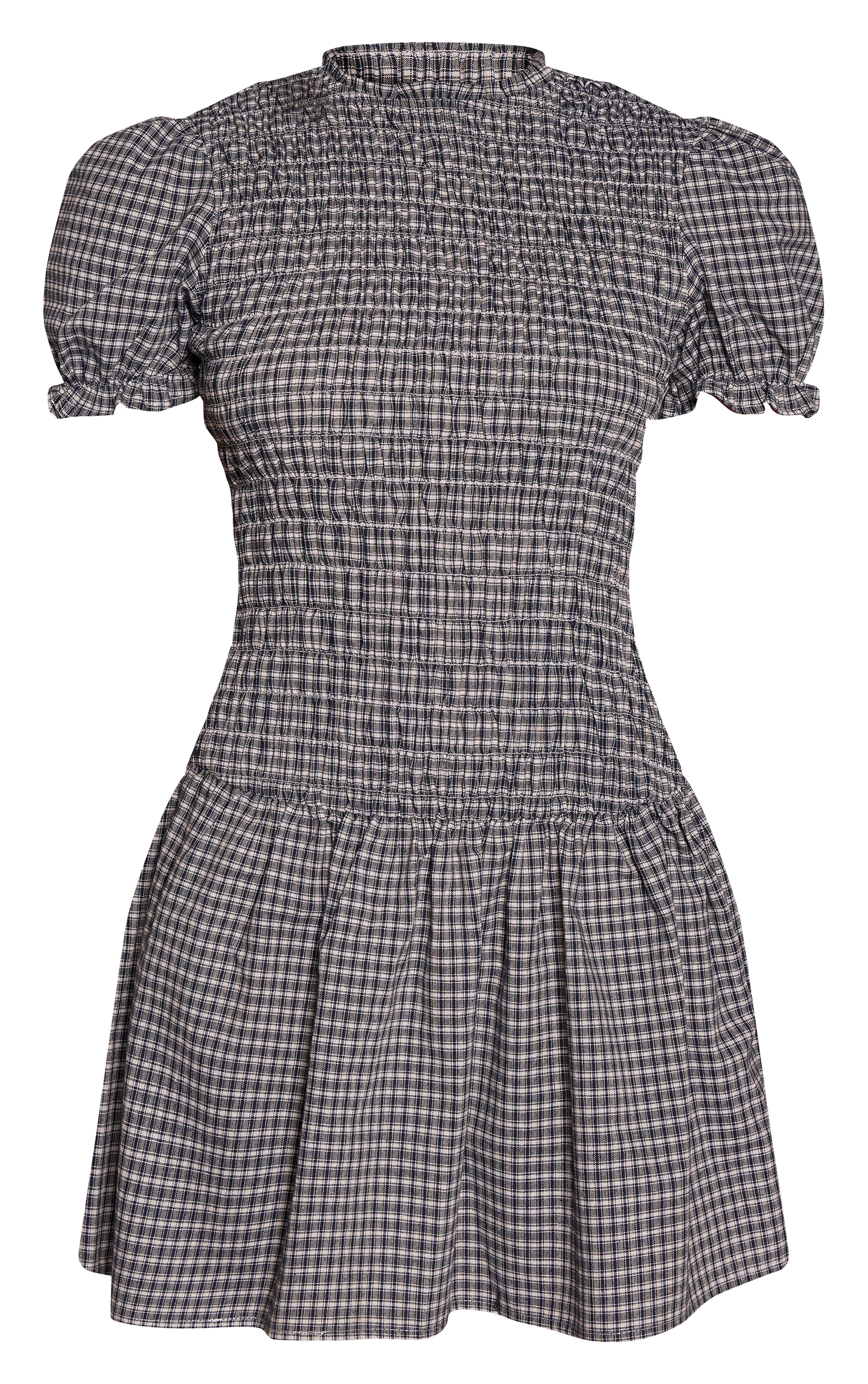 Navy Check Shirred Cap Sleeve Shift Dress image 5