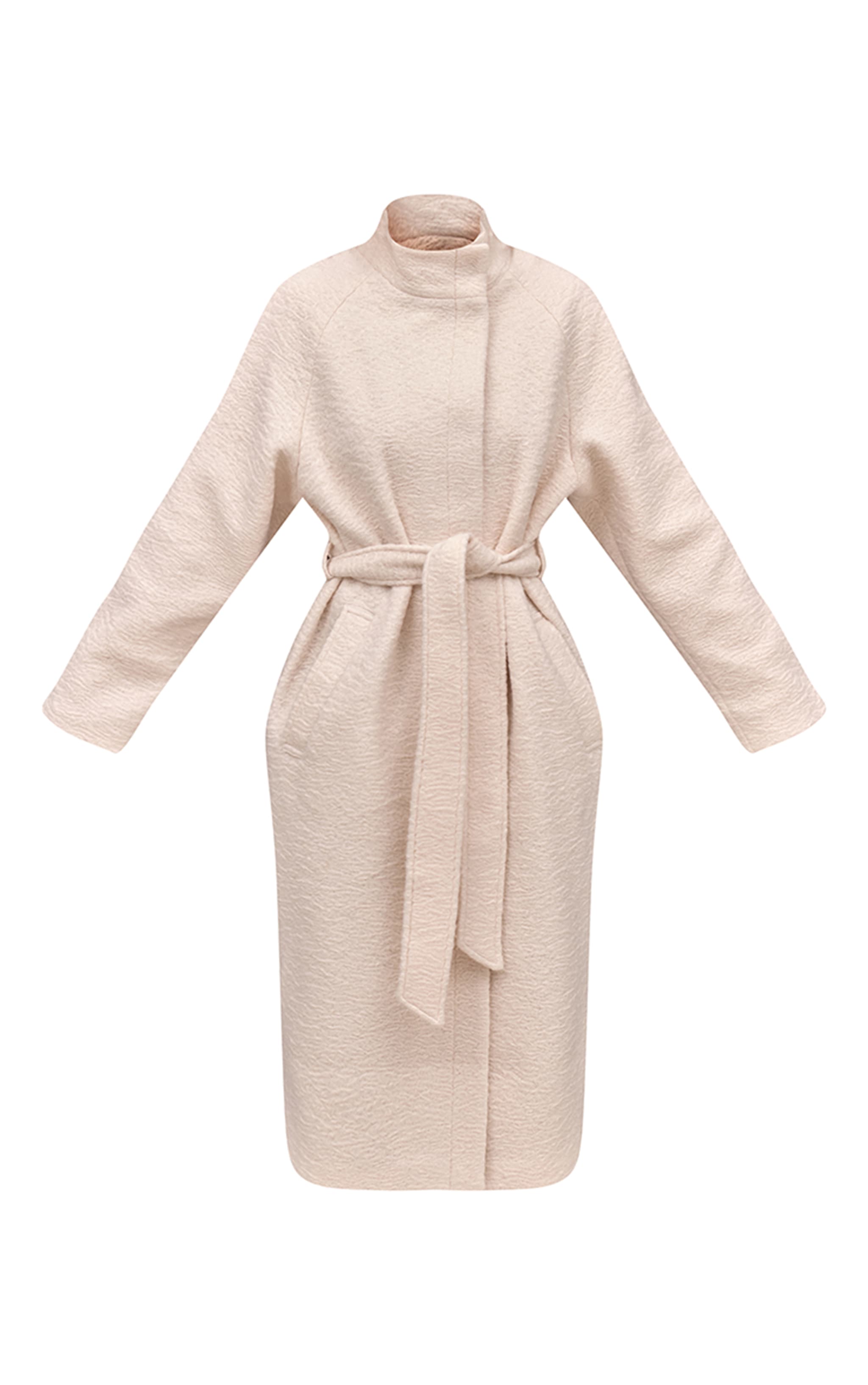 Manteau long en effet laine crème à col montant et taille nouée image 5