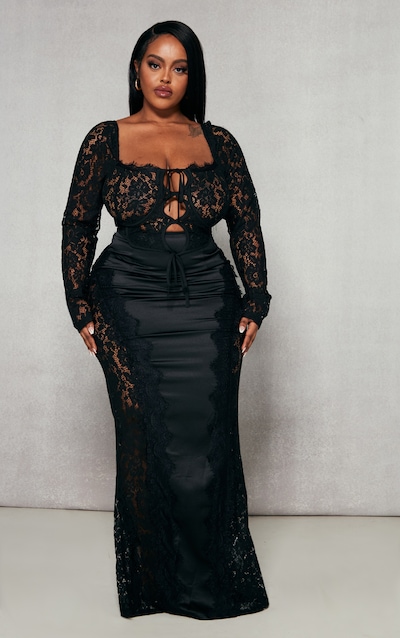 Plus Black Satin Lace Detail Midi Skirt