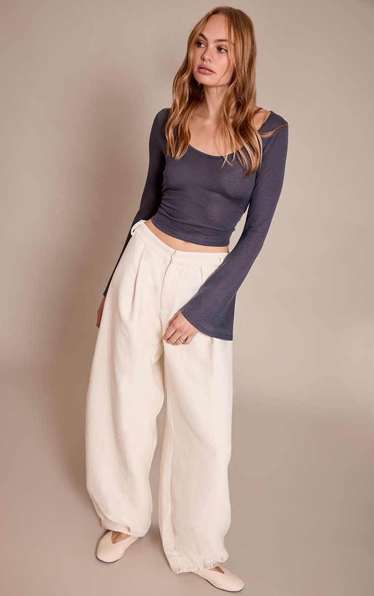 Charcoal Textured Jersey Scoop Neck Flared Long Sleeve Top image 3