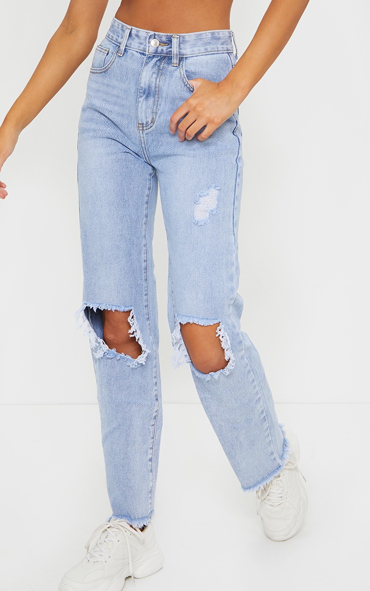 Bleach Wash High Rise Distressed Straight Leg Jeans PrettyLittleThing