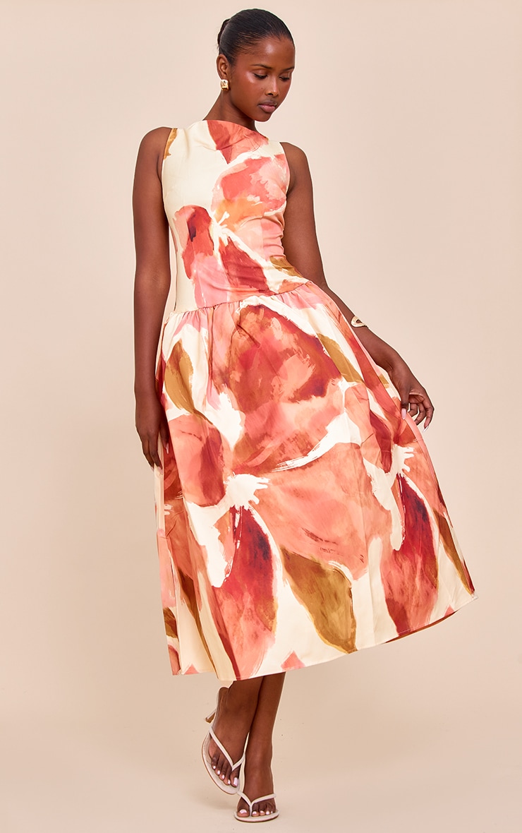 Pink Floral Print Dropped Waist Midaxi Dress image 1