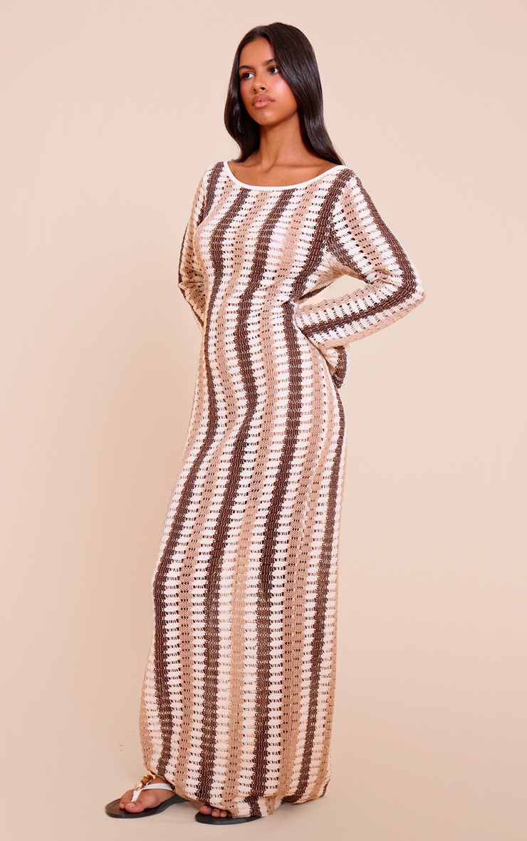 Petite Chocolate Crochet Stripe Long Sleeve Maxi Dress image 3