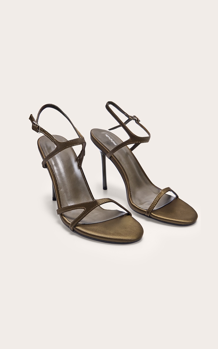Olive Satin Round Toe Asymmetric Strap High Stiletto Heeled Sandals image 2