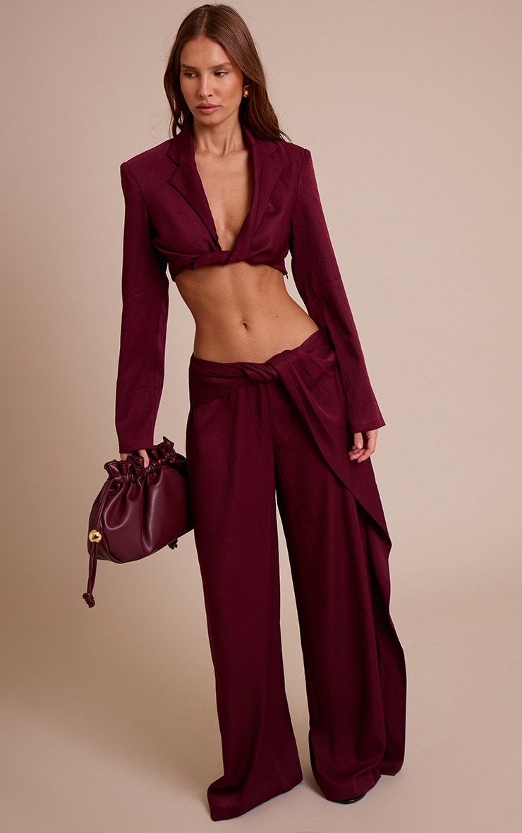 Dark Wine Twist Detail Long Sleeve Cropped Blazer image 3