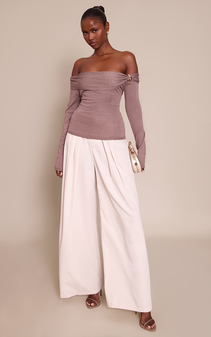 Mocha Long Sleeve Twist Shoulder Detail Knitted Top image 3