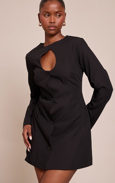 Black Woven Long Sleeve Mini Dress