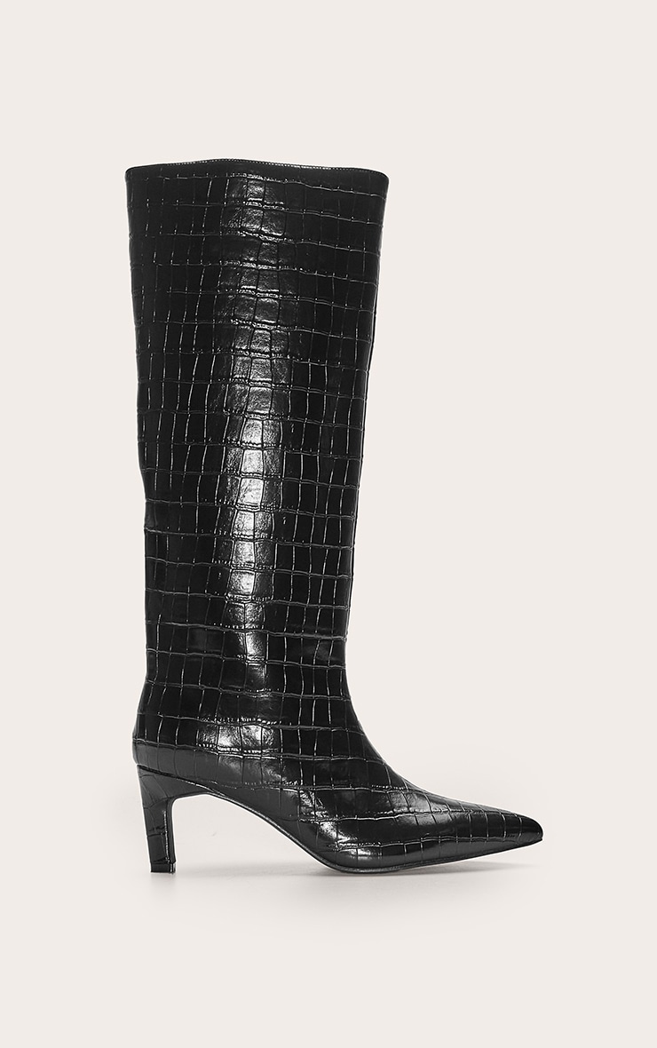 Black Croc Kitten Heel Knee High Boot image 2