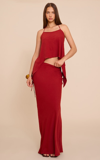 Deep Red Floaty Woven Tie Side Low Rise Maxi Skirt