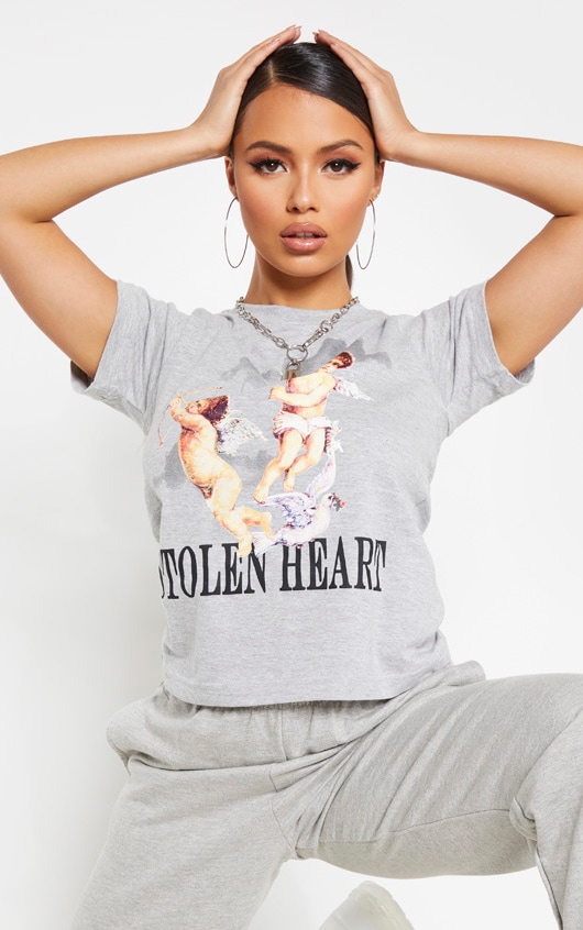 Petite Grey Marl Stolen Heart T-Shirt image 1