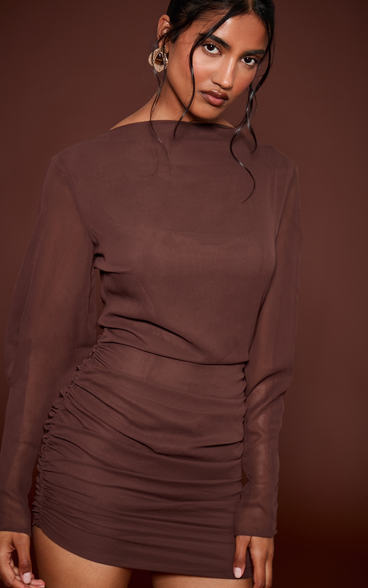 Chocolate Woven Boat Neck Long Sleeve Ruched Mini Dress image 1