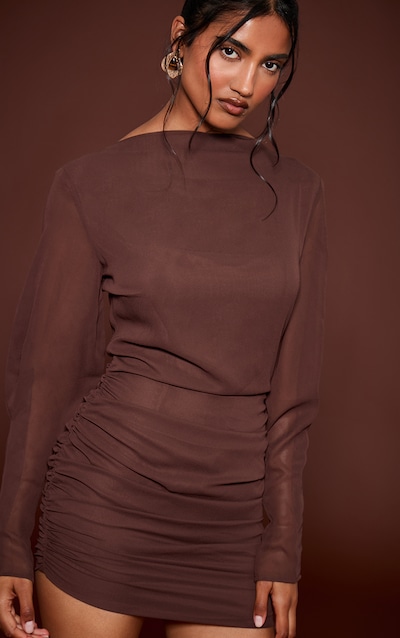 Chocolate Woven Boat Neck Long Sleeve Ruched Mini Dress