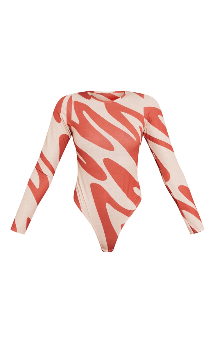 Brown Abstract Print Basic Crew Neck Long Sleeve Bodysuit image 4