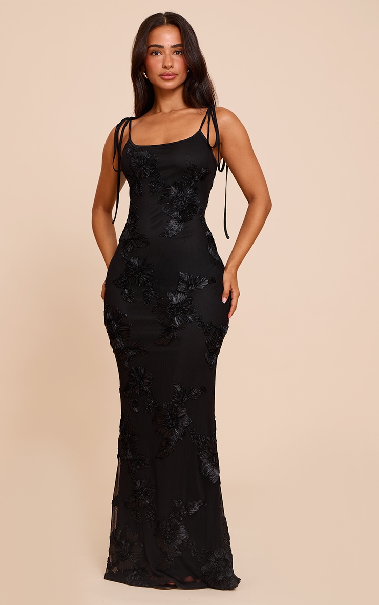 Petite Black Flower Detail Maxi Dress image 1