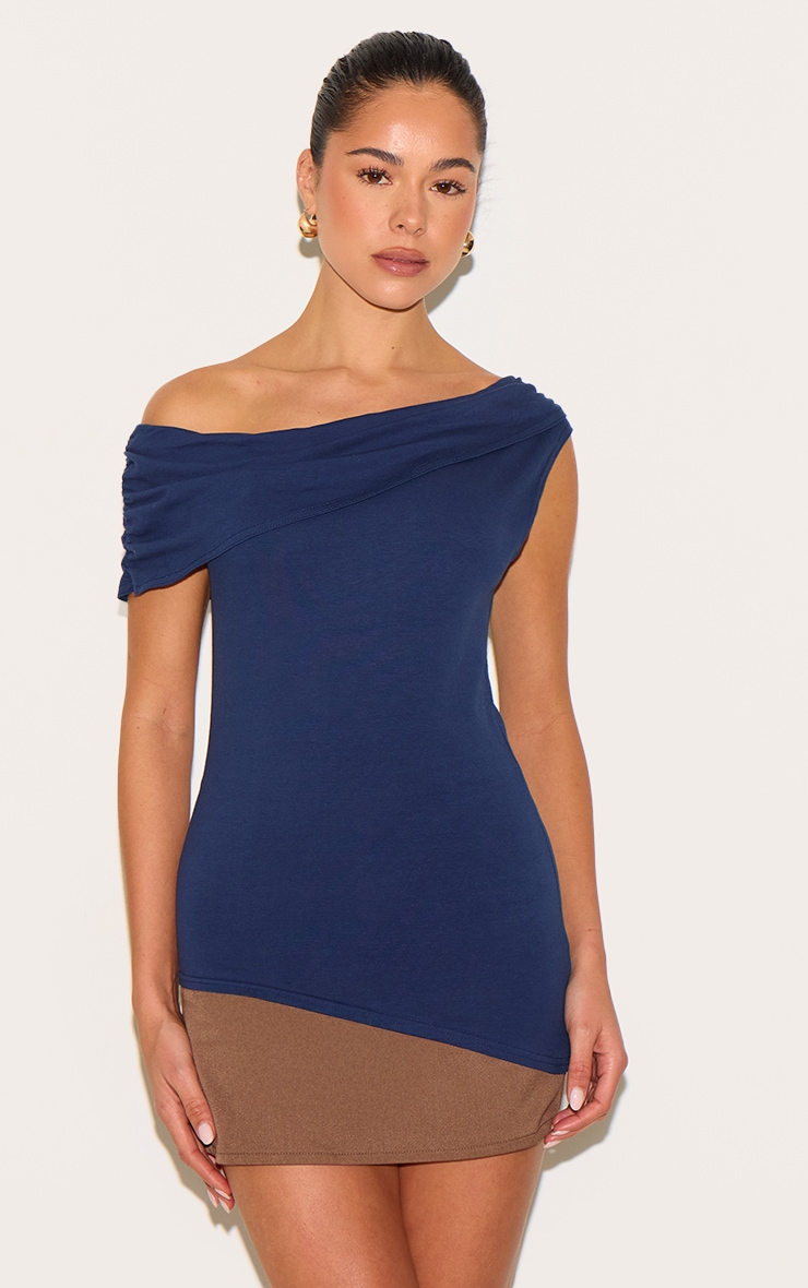 Navy Fold Over Cotton Asymmetric Hem Long Top image 1