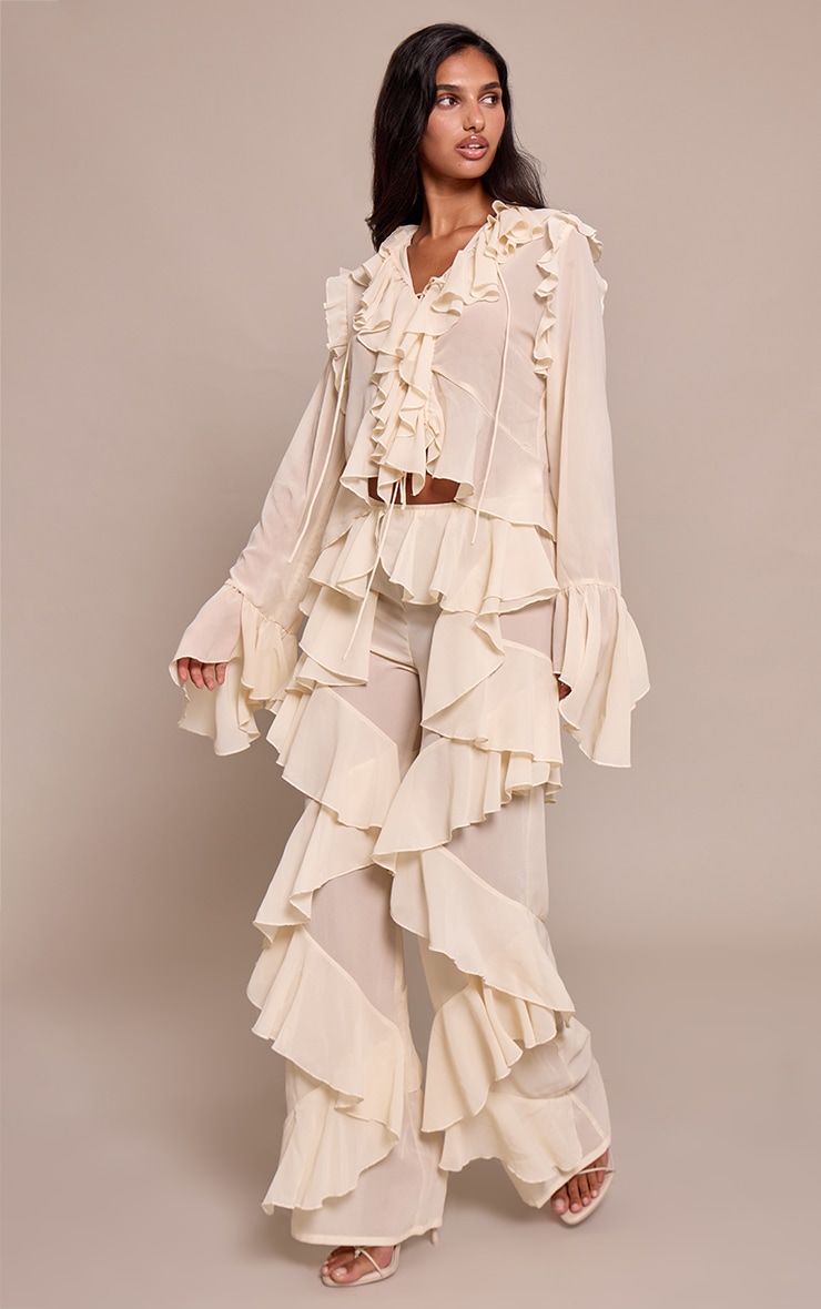 Cream Chiffon Frill Straight Leg Pant image 2