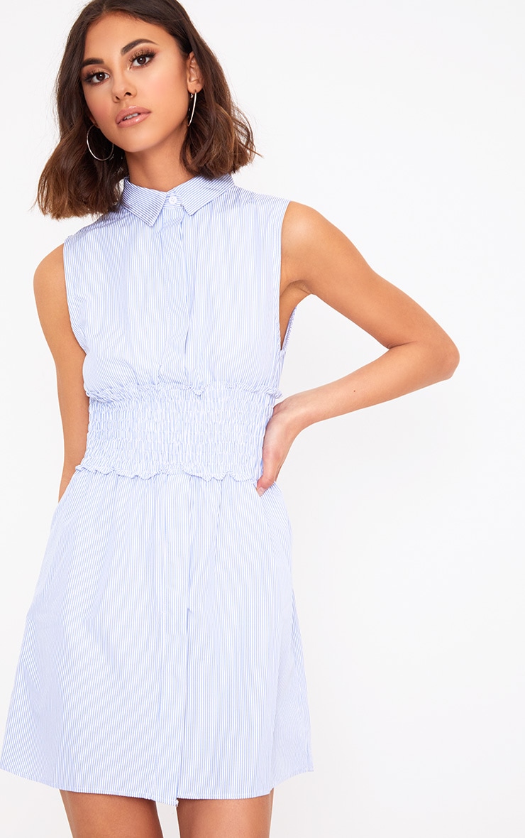 Blue Pinstripe Shirring Detail Shirt Dress. Dresses PrettyLittleThing