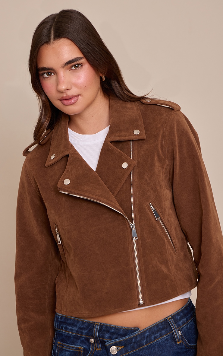 Brown Basic Faux Suede Pocket Detail Biker Jacket image 4