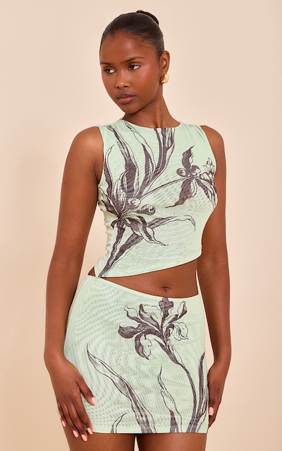 Jupe Mini en Mesh Doublée à Imprimé Floral Menthe