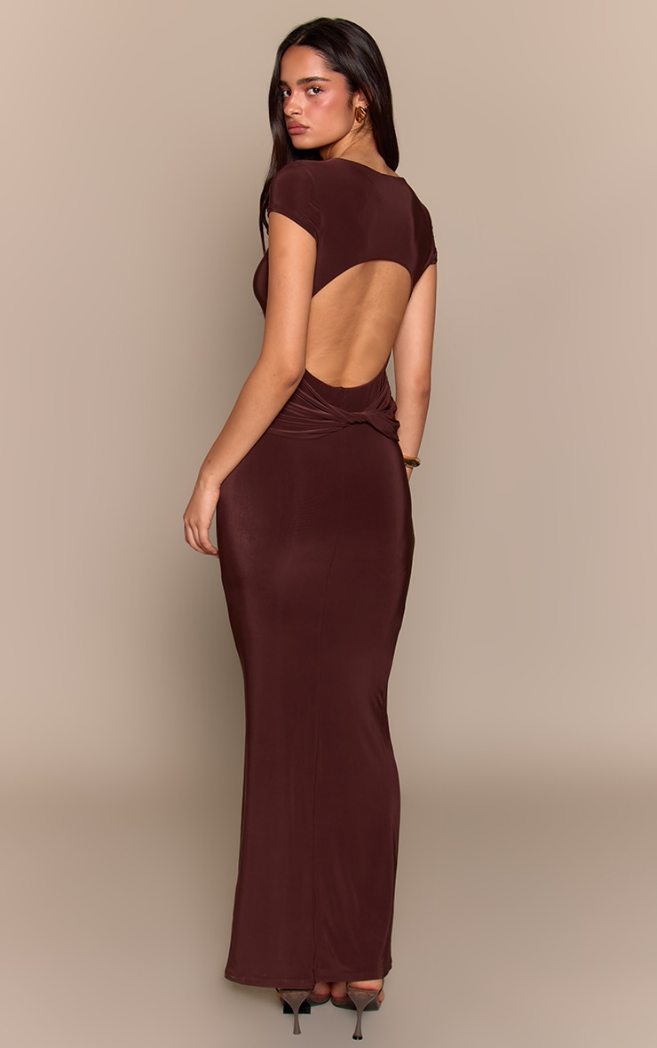 Chocolate Double Layer Slinky Open Back Drape Maxi Dress