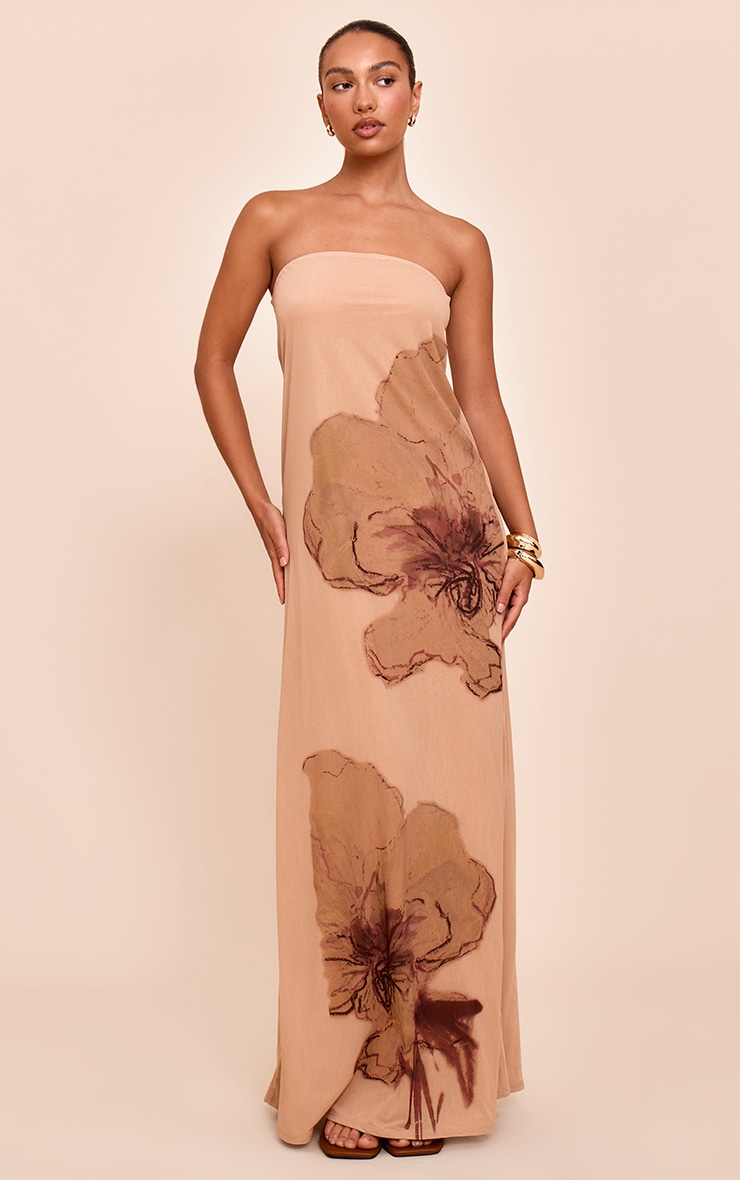 Beige Floral Printed Double Layered Bandeau Colum Dress image 1