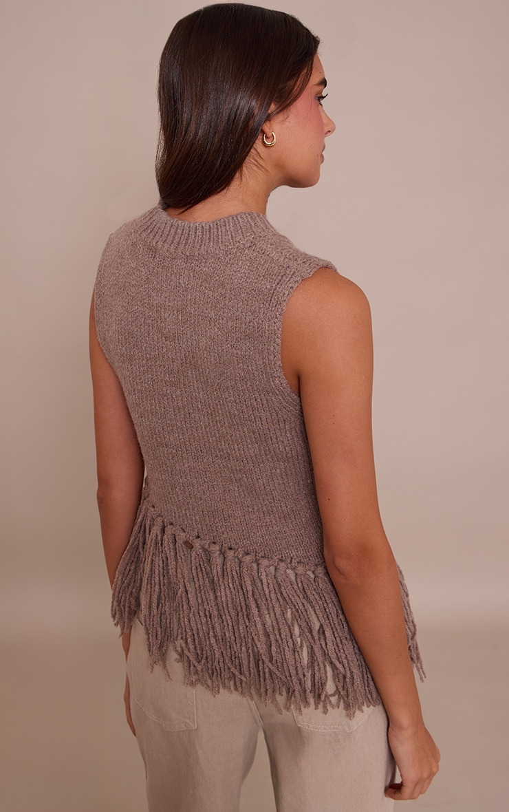 Brown Sleeveless Fringe Detail Sweater image 2
