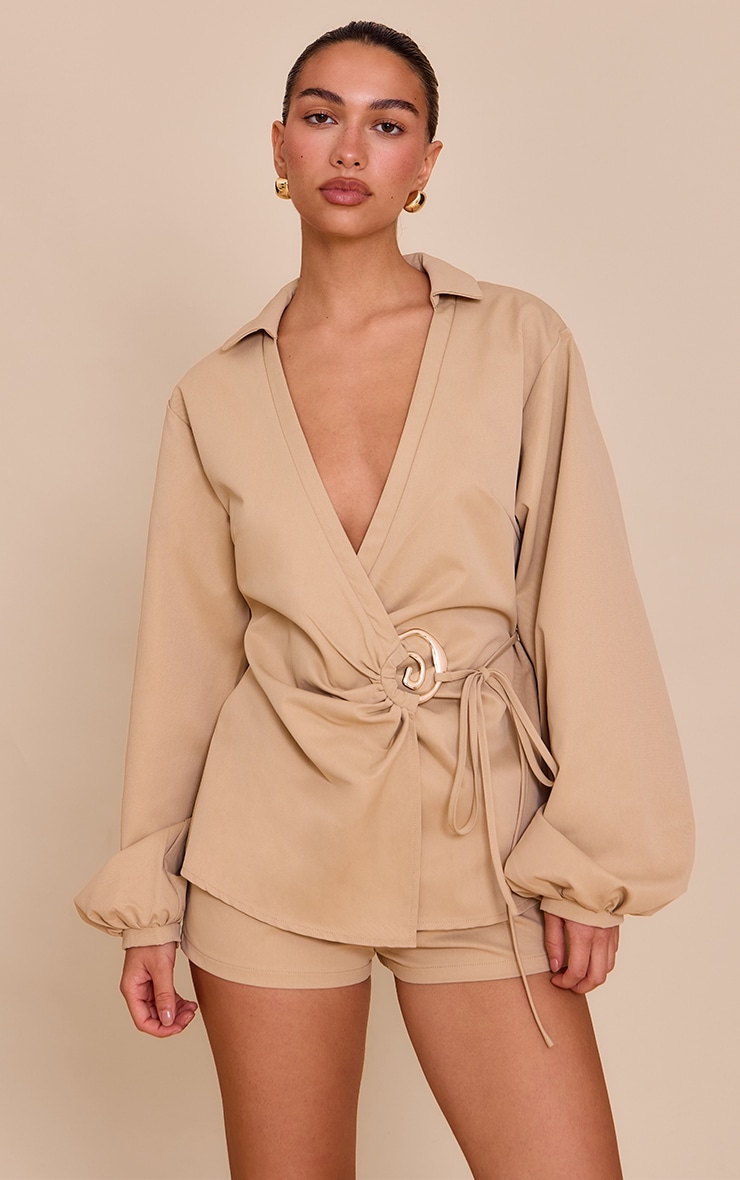 Sand Woven Tie Front Gold Hardware Detail Shirt image 1