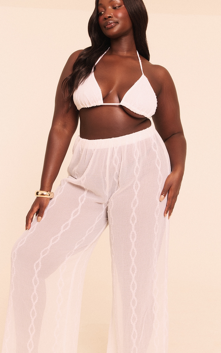 Plus White Textured Chiffon Triangle Beach Top And Pant Set image 3