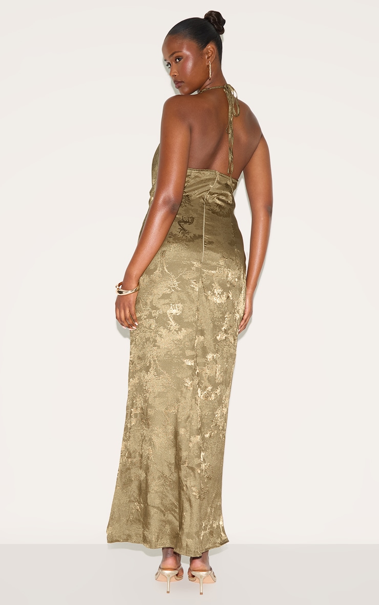 Olive Satin Extreme Cowl Neck Maxi Dress image 2