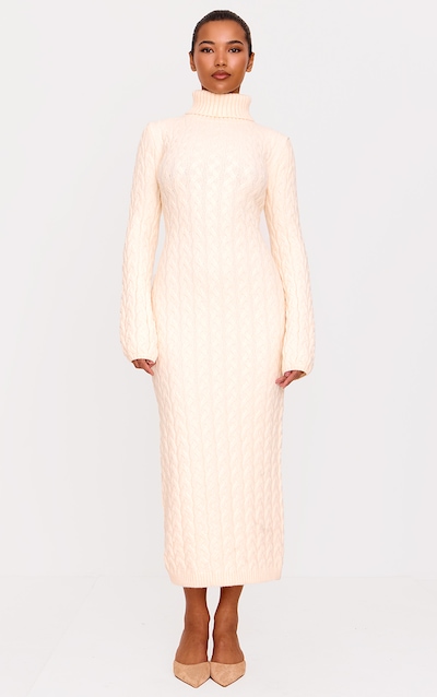 Robe longue en maille épaisse torsadée avoine à col roulé