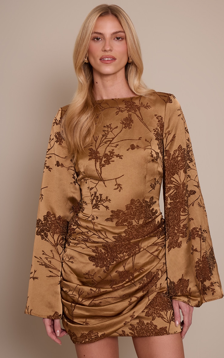 Gold Jacquard Boat Neck Flute Sleeve Mini Dress image 1
