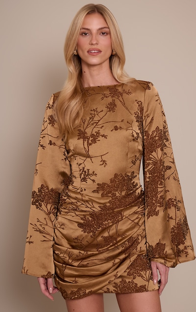 Gold Jacquard Boat Neck Flute Sleeve Mini Dress